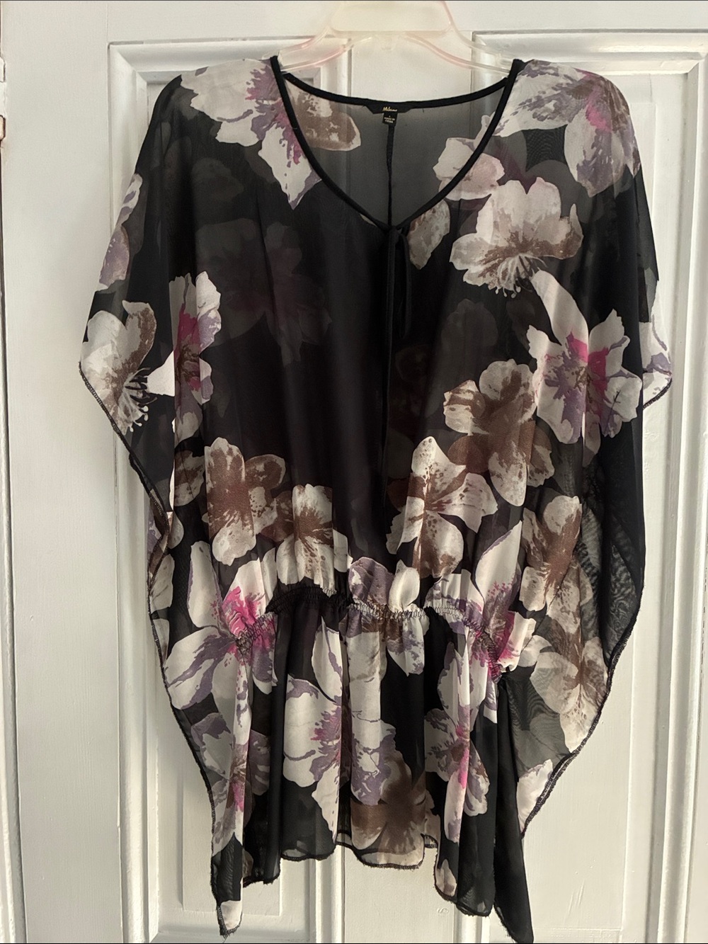 Milano Sheer Black Floral Tie-Waist Tunic with Pink and Brown Accents